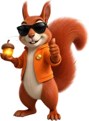 Sparky the Squirrel, in sunglasses and an orange jacket, giving a thumbs-up