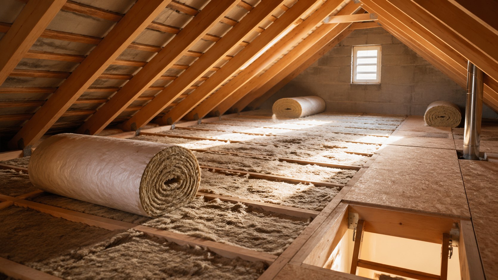 Loft insulation in a tidy UK home.